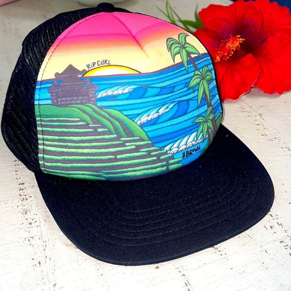 Heather Brown Surf Sunset Temple Waves Palm Beach Trucker Mesh Hat